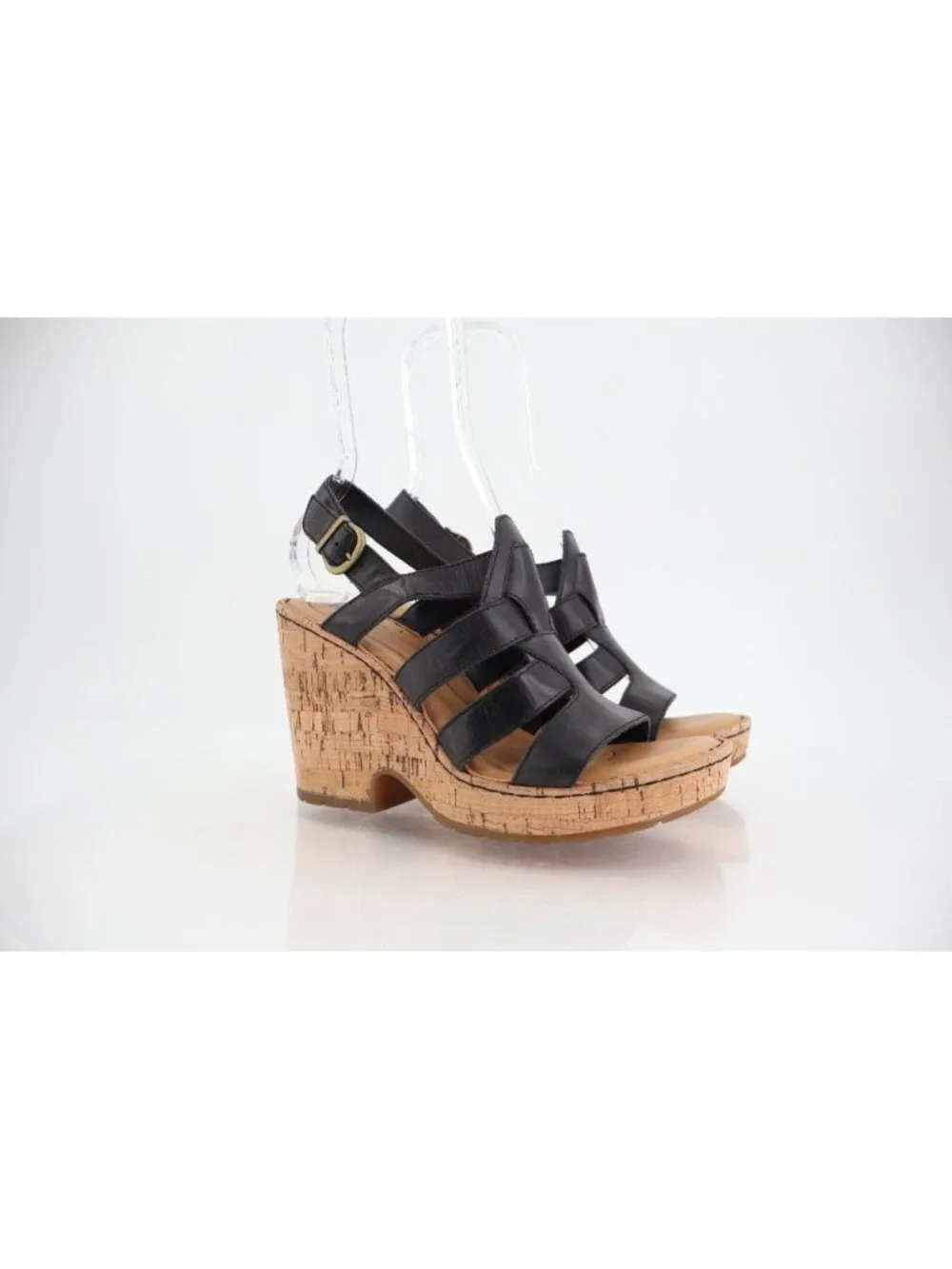 Born Bernese Womens Sandal Size 9 Black Leather Wedge Heel Open Toe Retro Caged